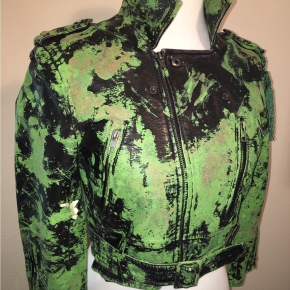 Cropped Leather Jacket Abstract Painted GREEN GAZE Hand Painted w Tassel - Picture 3 of 4